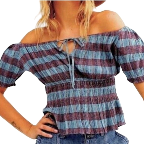 Free People Vivi smocked striped off shoulder top - Picture 1 of 11